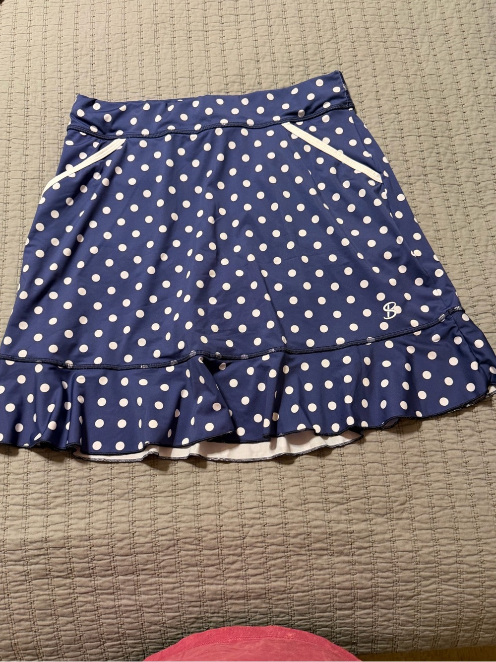 Sofibella Women's Blue Polka Dot Athletic Skort with Ruffle Hem